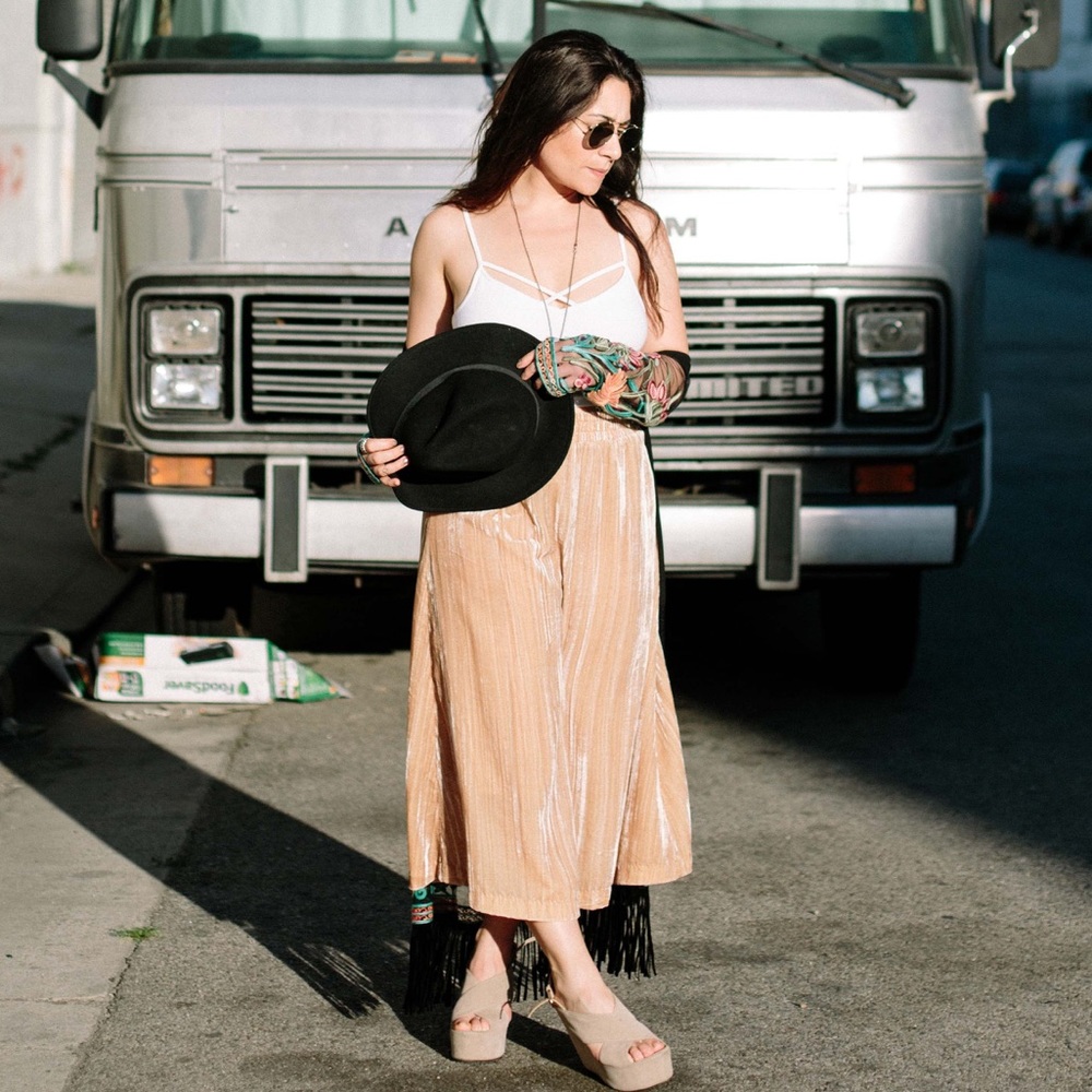 Crushed Velvet Long Skirt in Beige